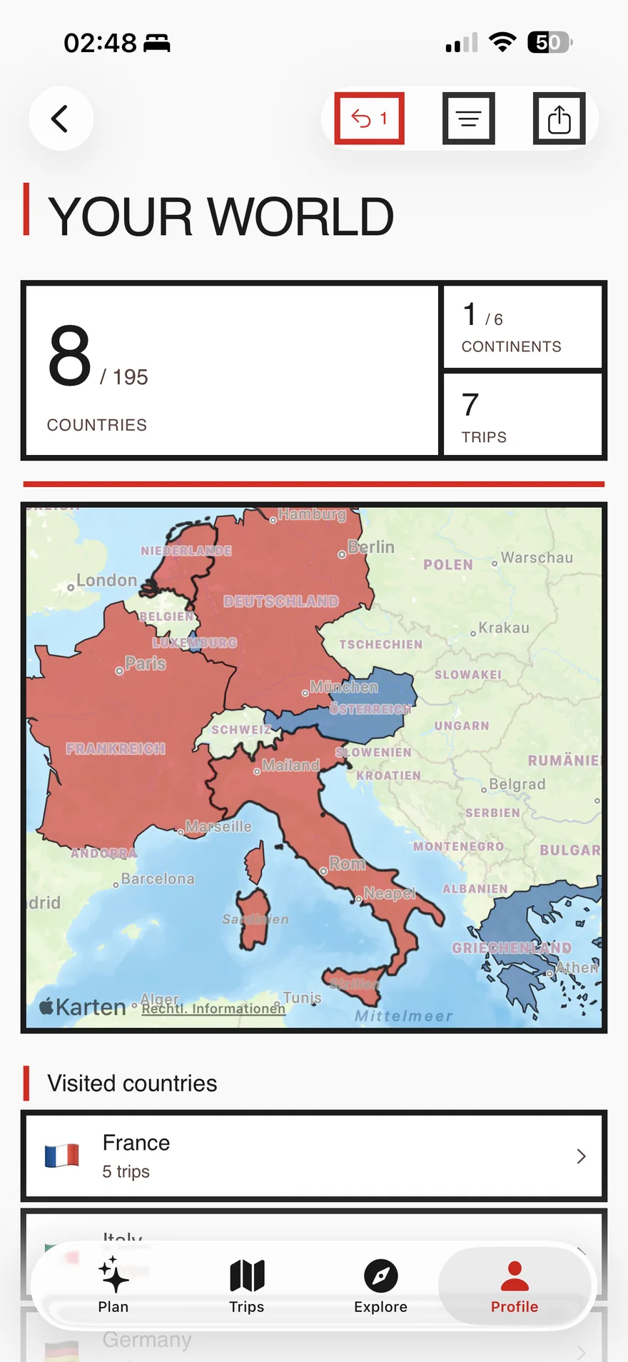 Triphaus visited-countries map with visited countries shaded in red, plus country, continent and trip counters