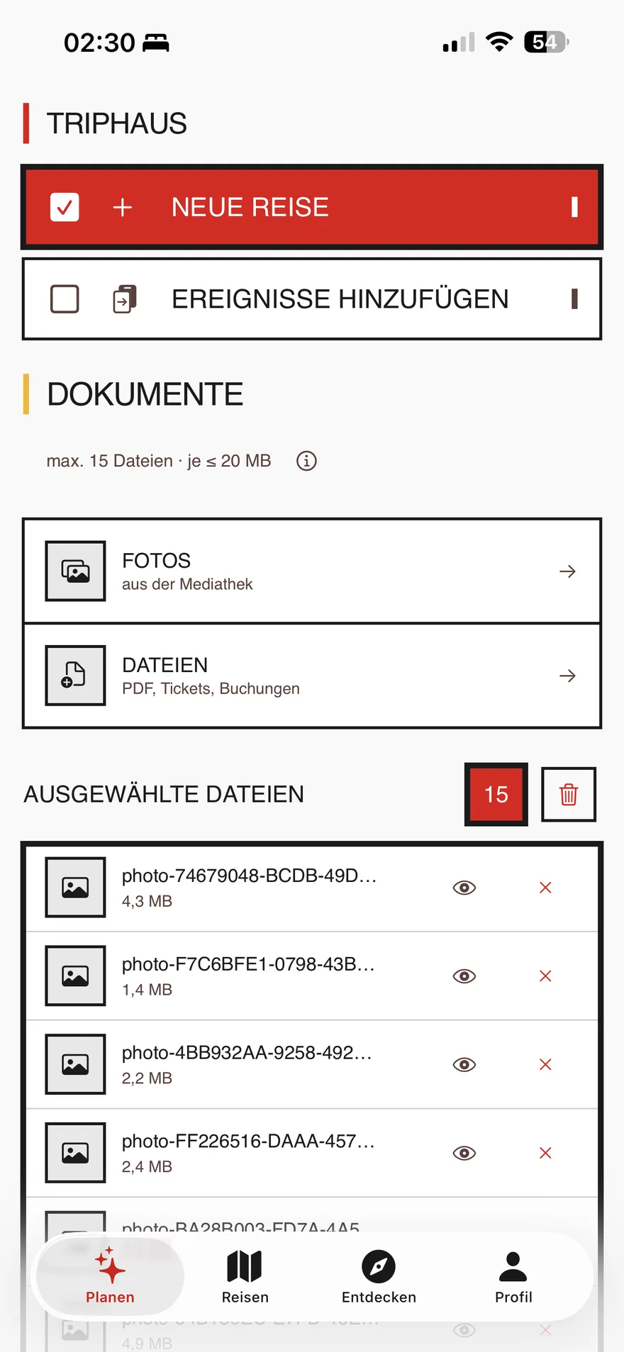 Triphaus Planen-Ansicht mit 15 ausgewählten Buchungsdokumenten für die KI-Auswertung