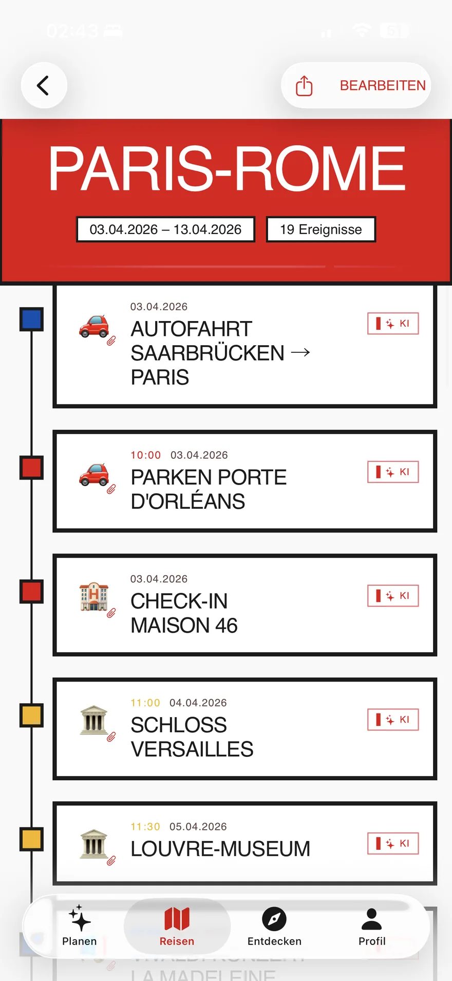 Triphaus Reiseplan Paris–Rom: Autofahrt, Parken, Hotel-Check-in und Museumsbesuche, jeweils als KI-erkannt markiert