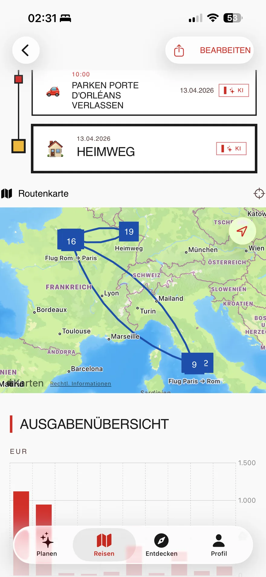 Triphaus Routenkarte einer Paris–Rom-Reise mit Fluglinien und darunter der Ausgabenübersicht